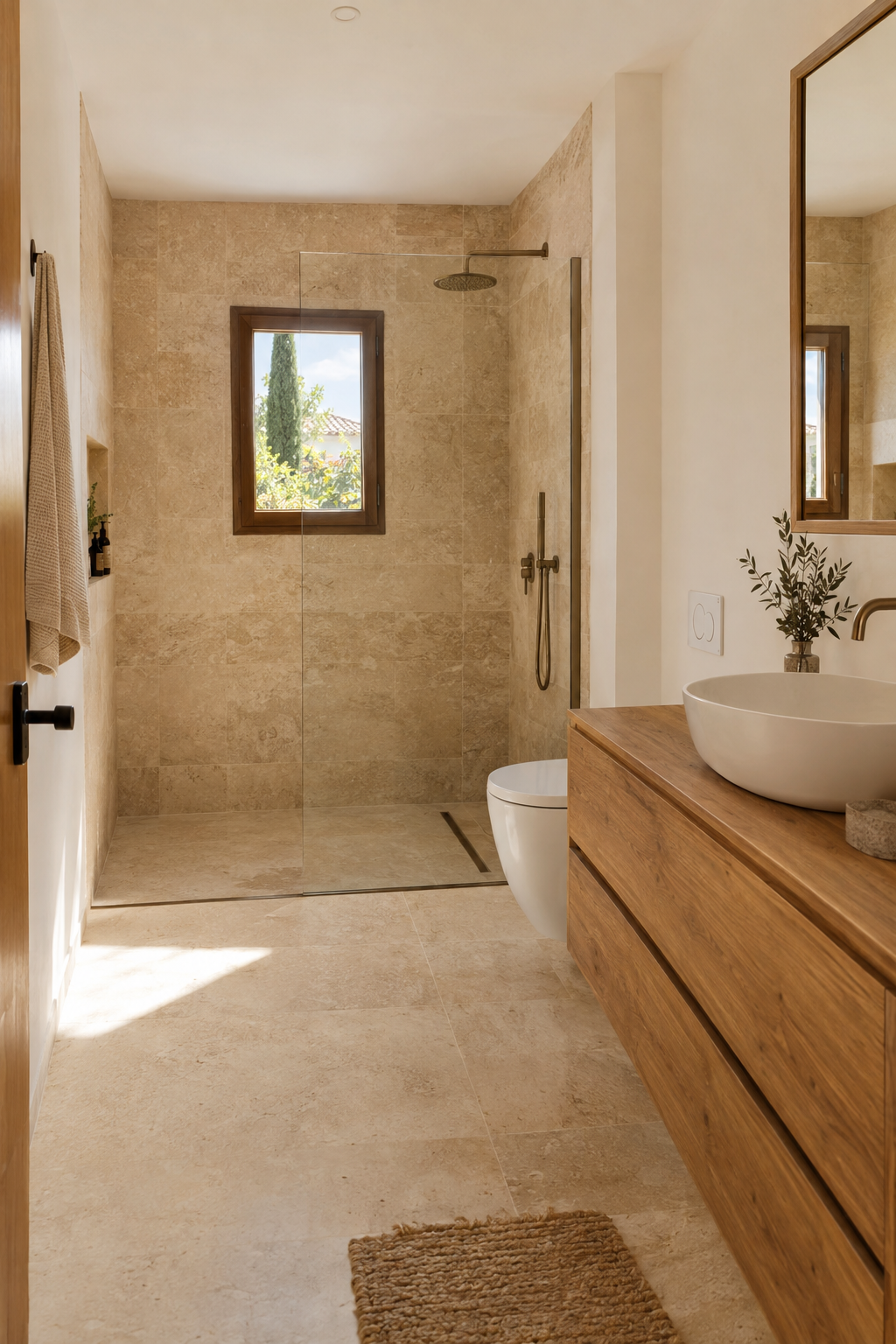 Baño reformado con travertino beige y ducha de obra